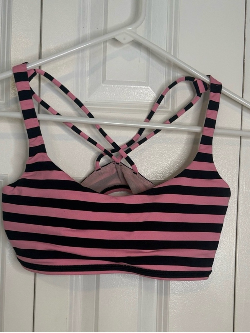 lululemon athletica Pink and Black Striped Crisscross Sports Bra